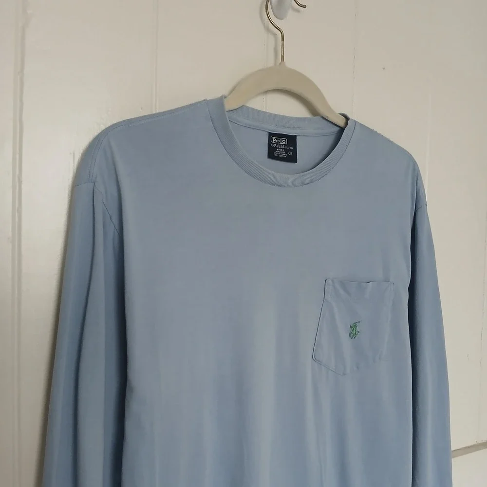Vintage Polo Ralph‎ Lauren T-Shirt Long Sleeve Pocket Pony Logo Men's Small Blue